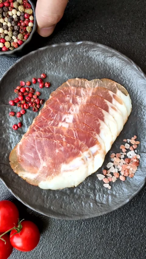 Sliced ham, meat, pork or turkey sausage for sandwiches. Ham slices, food Stock Footage 313662228