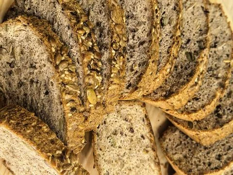 Sliced Homemade Keto Seed Bread Viewed from Above Stock Photos