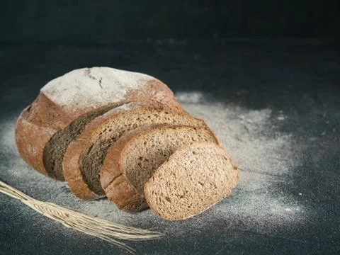 Sliced homemade sourdough rye bread, copy space 스톡 사진