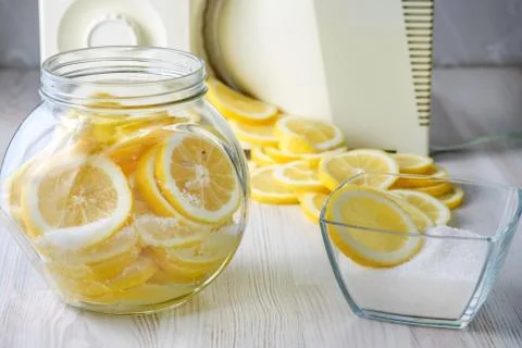Sliced lemons in a can. Stock Photos