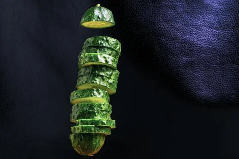 Sliced levitating cucumber on a dark background Stock Photos