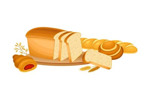 Sliced Loaf of Bread on Cutting Board with Ear of Wheat and Sweet Buns Vector Illustrazione stock
