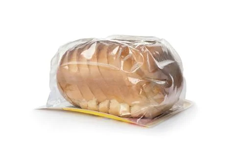 Sliced loaf of wheat bread in plastic bag isolated on white Stock Photos