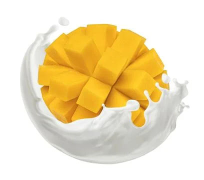Sliced mango falling in milk splash isolated on white background Stock Photos