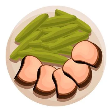 Sliced meat with green beans on round plate, serving up a healthy and delic.. Stock Illustration