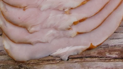 Sliced meat pieces, bacon, cold boiled pork, balyk Stock Footage 102780944