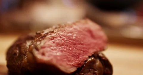 Sliced Medium Rare Steak Cross Section, Beef Marbling Detail, Extreme Close Up Stock Footage 340322752