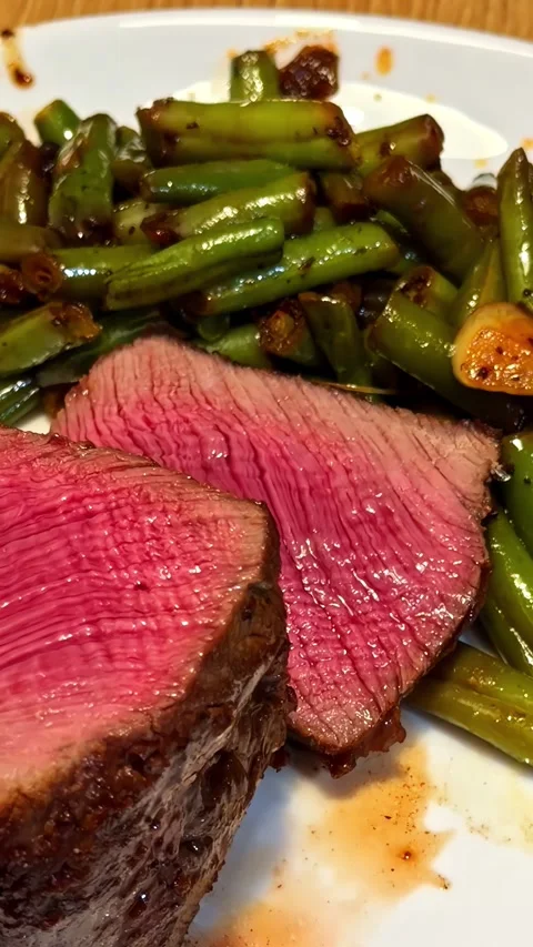 Sliced Medium-Rare Steak with Sauteed Green Beans and Garlic on Plate Stock Footage 339751744