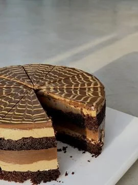 Sliced multi-layer chocolate cake with patterned glaze on white surface Stock Photos