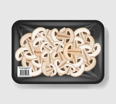 Sliced mushrooms in plastic tray container with cellophane cover. Mockup イラスト素材