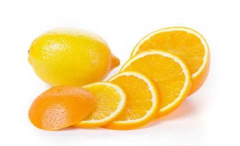Sliced orange and lemonrange fruit isolated on white Stock-Fotos
