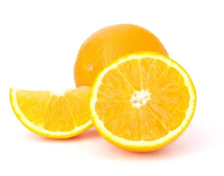 Sliced orange fruit segments  isolated on white background Stock Photos