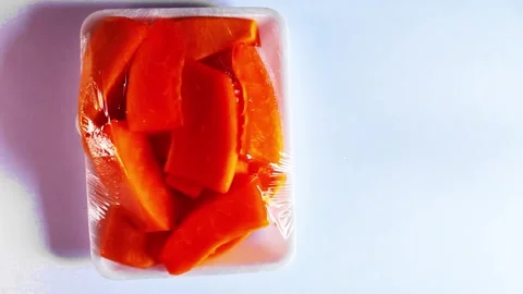 Sliced Papaya in Plastic Packaging – Clean Menu Presentation Video Stock Footage 306384275