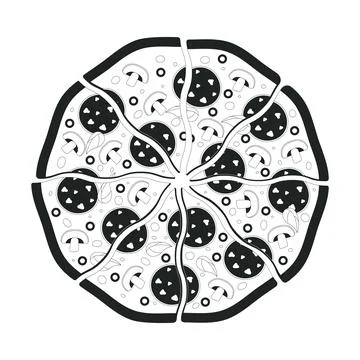 Sliced pepperoni pizza top view 2D line object Illustrazione stock