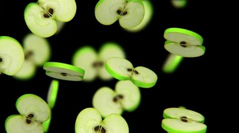 Sliced pieces of green apple falling on black background, seamless loop, CG Stockbeeldmateriaal 65003283