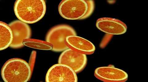Sliced pieces of orange falling on black background, seamless loop, CG Stockbeeldmateriaal 65003316