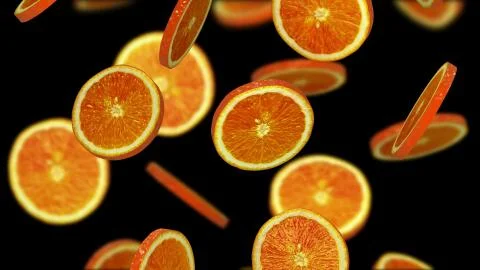 Sliced pieces of orange falling on black background, 3d illustration Stock Illustration