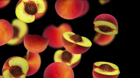 Sliced pieces of peach falling on black background, seamless loop, CG Stock Footage 65003334