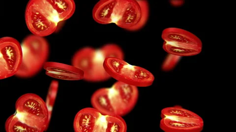 Sliced pieces of tomato falling on black background, seamless loop, CG Stock Footage 65003387