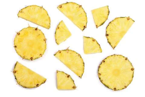 Sliced pineapple isolated on white background. Top view. Flat lay pattern Stock Photos