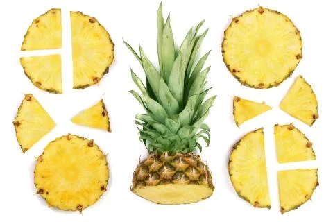 Sliced pineapple isolated on white background. Top view. Flat lay pattern Stock Photos