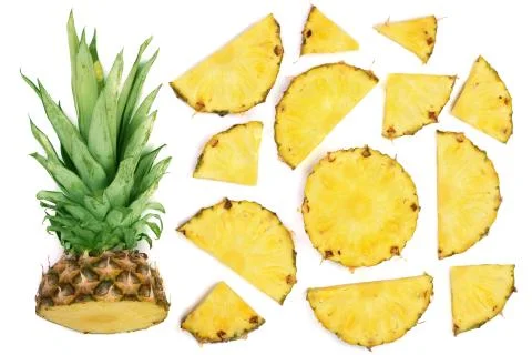 Sliced pineapple isolated on white background. Top view. Flat lay pattern 写真素材