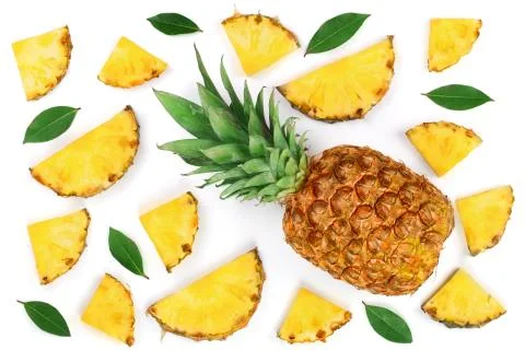 Sliced pineapple isolated on white background. Top view. Flat lay pattern Stock Photos
