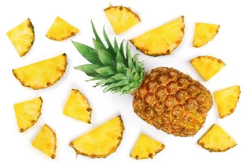 Sliced pineapple isolated on white background. Top view. Flat lay pattern Stock Photos