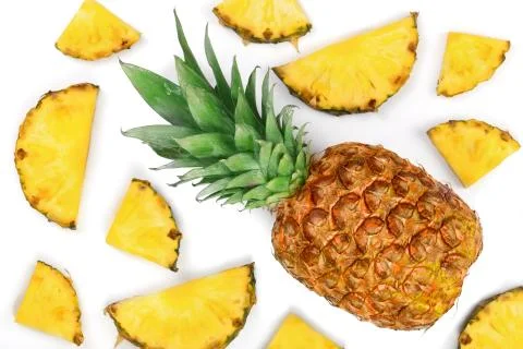 Sliced pineapple isolated on white background. Top view. Flat lay pattern Stock Photos