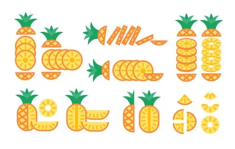 Sliced pineapples collection. Pineapples cut different ways. Flat vector is.. Stock Illustration