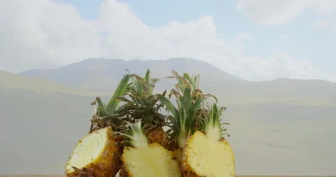 Sliced pineapples on wooden surface, mountain landscape visible in background Stock Footage 305835751