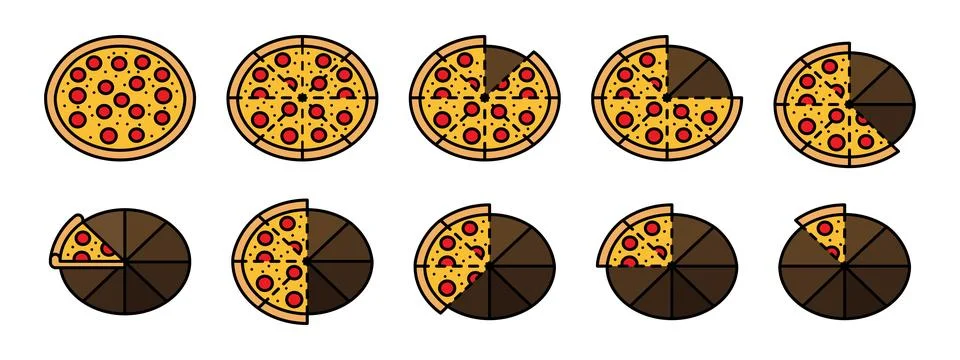 Sliced pizza colored icon set. Pepperoni part circle division vector illust.. Stock Illustration
