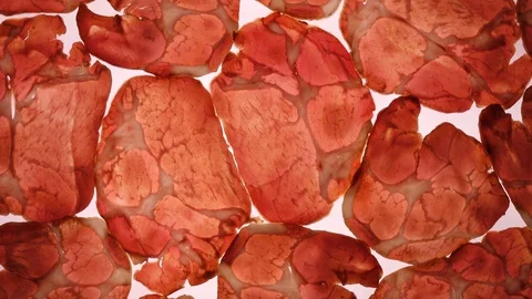 Sliced pork ham rotating on white background in 4K. Vídeo Stock 86721740