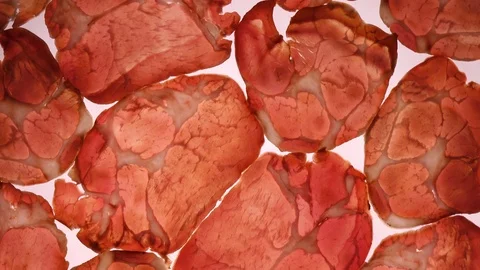 Sliced pork ham rotating on white background in 4K. Видео 89892011