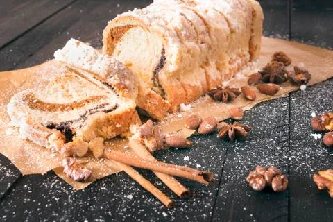 Sliced pound cake with nuts Stock Photos