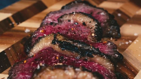 Sliced Rare Brisket on Board Stock Footage 323650167
