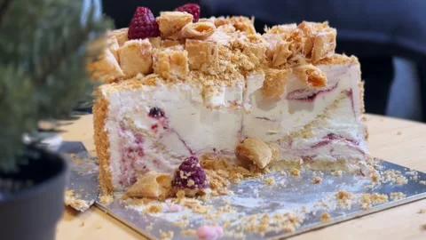 Sliced Raspberry Cream Pastry Cake Stock Footage 341718697
