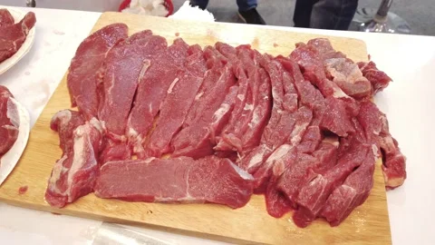 Sliced Raw Meat for Barbeque Stock Footage 132036330