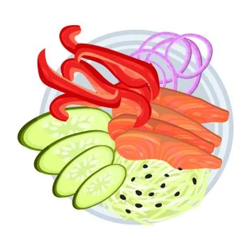 Sliced red fish with chopped cabbage and vegetables. Vector illustration. Stock Illustration