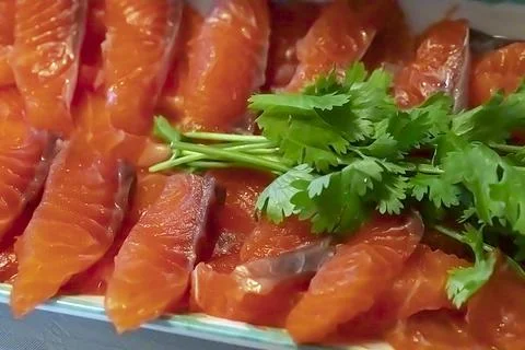 Sliced red fish with herbs on a rectangular plate. Stock Photos