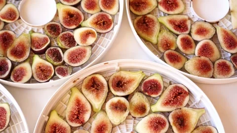Sliced ripe figs lie on fruit drying trays on the table Stock Footage 256154991