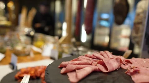 Sliced Roast Beef and Cold Cuts on a Buffet Platter Stock Footage 333604924