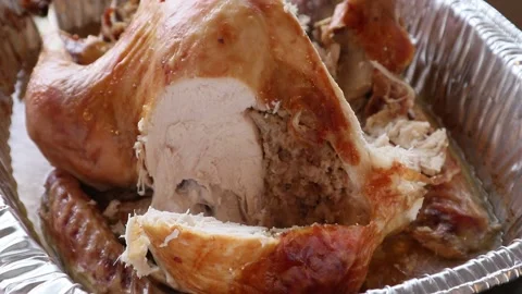 Sliced Roast Turkey with Stuffing Hot Steam Visible in Frame Video stock 145874724
