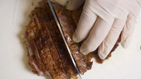 Sliced roasted duck, top view, for sushi Stock Footage 222913068