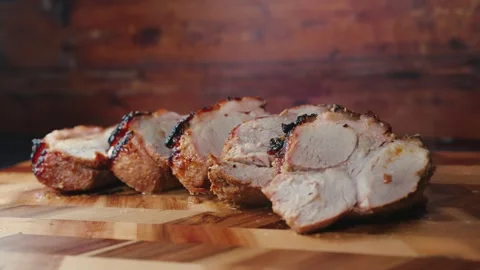Sliced Roasted Pork on Board – Steaming Stock Footage 325682980