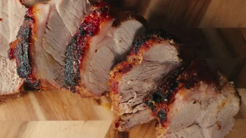 Sliced Roasted Pork on Board – Steaming Stock Footage 325683002