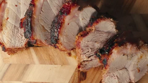 Sliced Roasted Pork on Board – Steaming Stock Footage 325683007