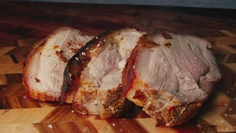 Sliced Roasted Pork on Board – Steaming Stock Footage 326694565