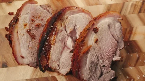 Sliced Roasted Pork on Board – Steaming Stock Footage 326694640