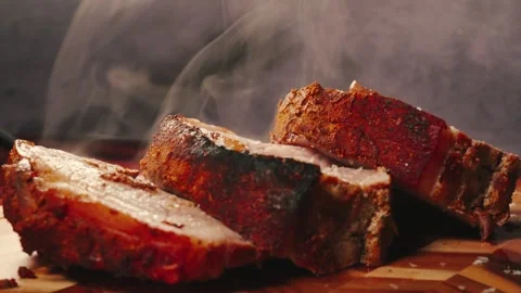 Sliced Roasted Pork on Board – Steaming Stock Footage 326694657